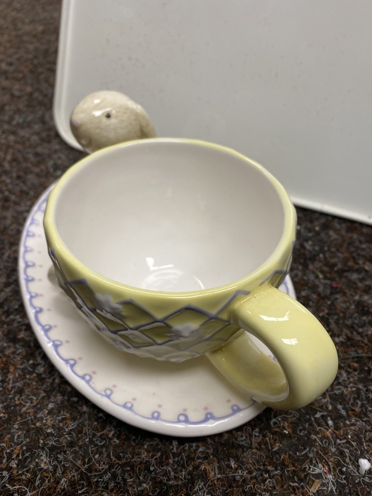 Hallmark Vintage Ceramic Easter-Spring Rabbit Bunny Holding a Cup & Saucer Set