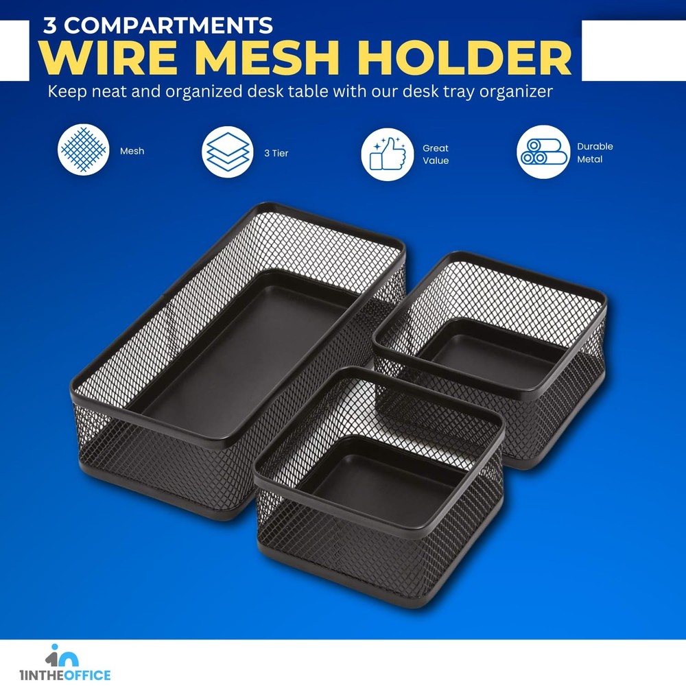 3-Compartment Stackable Black Mesh Tray Desk Baskets and Organizers Tray