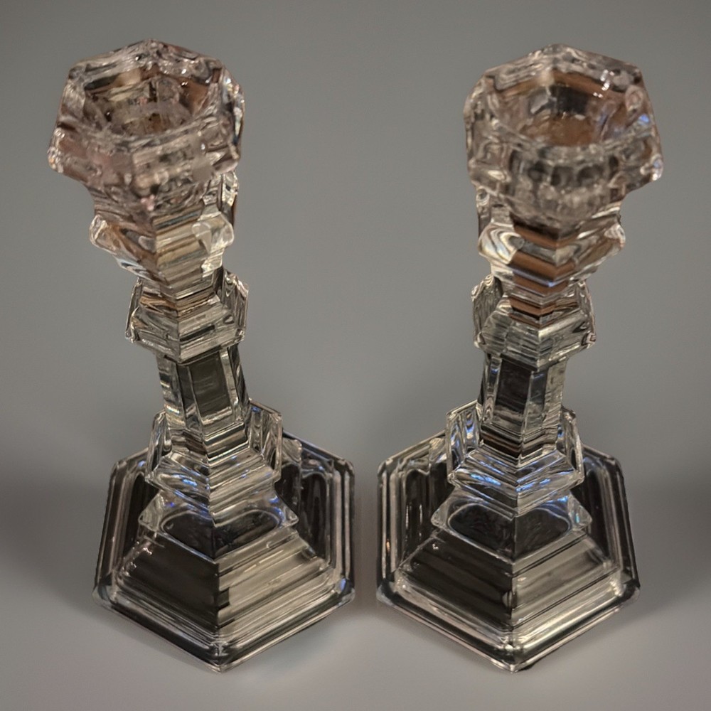 Tiffany & Co. Crystal Candlesticks Pair 8” Signed Hex Base Faceted Elegant