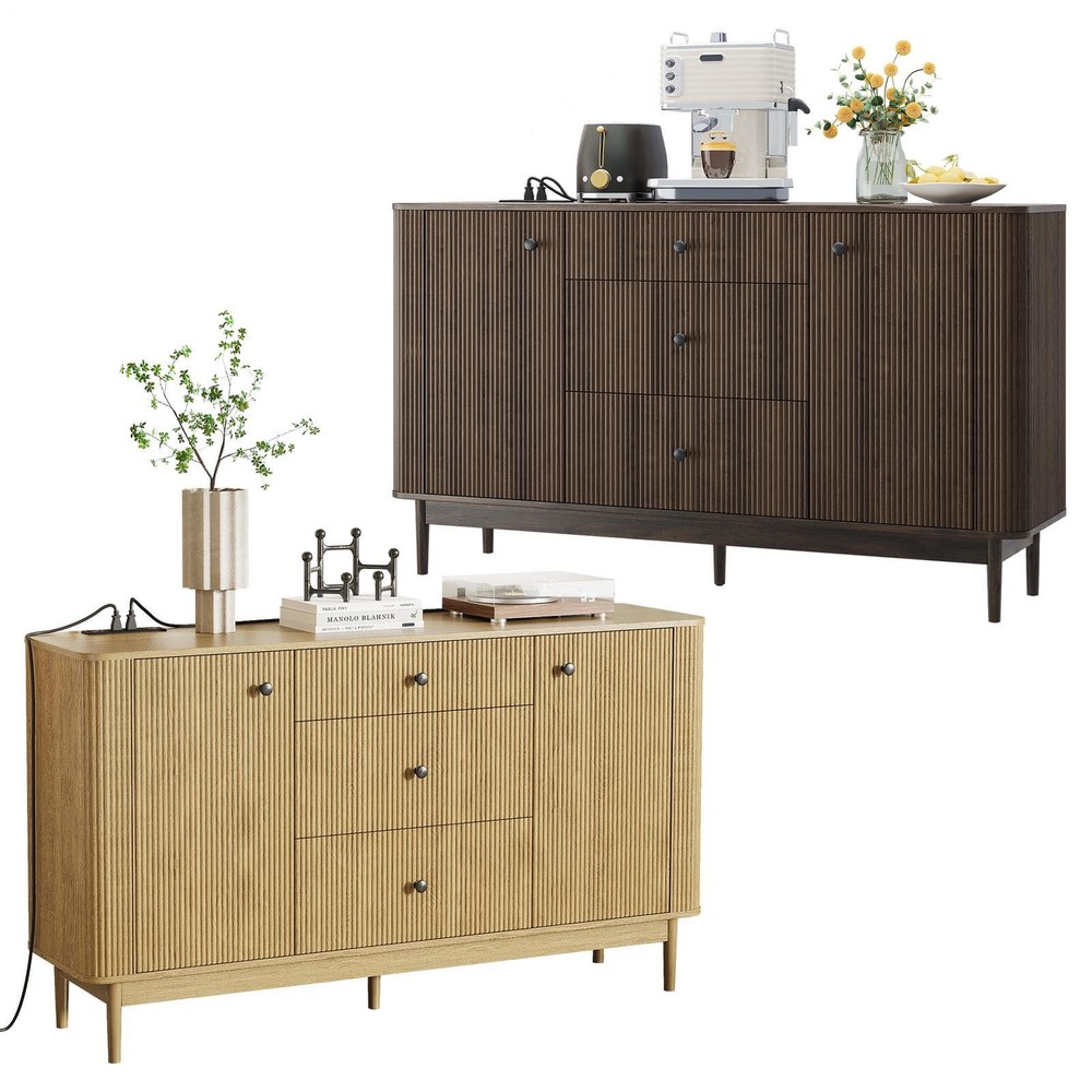 Storage Cabinet with 2 Doors 3 Drawers Sideboard Buffet Cabinet Fluted Waveform