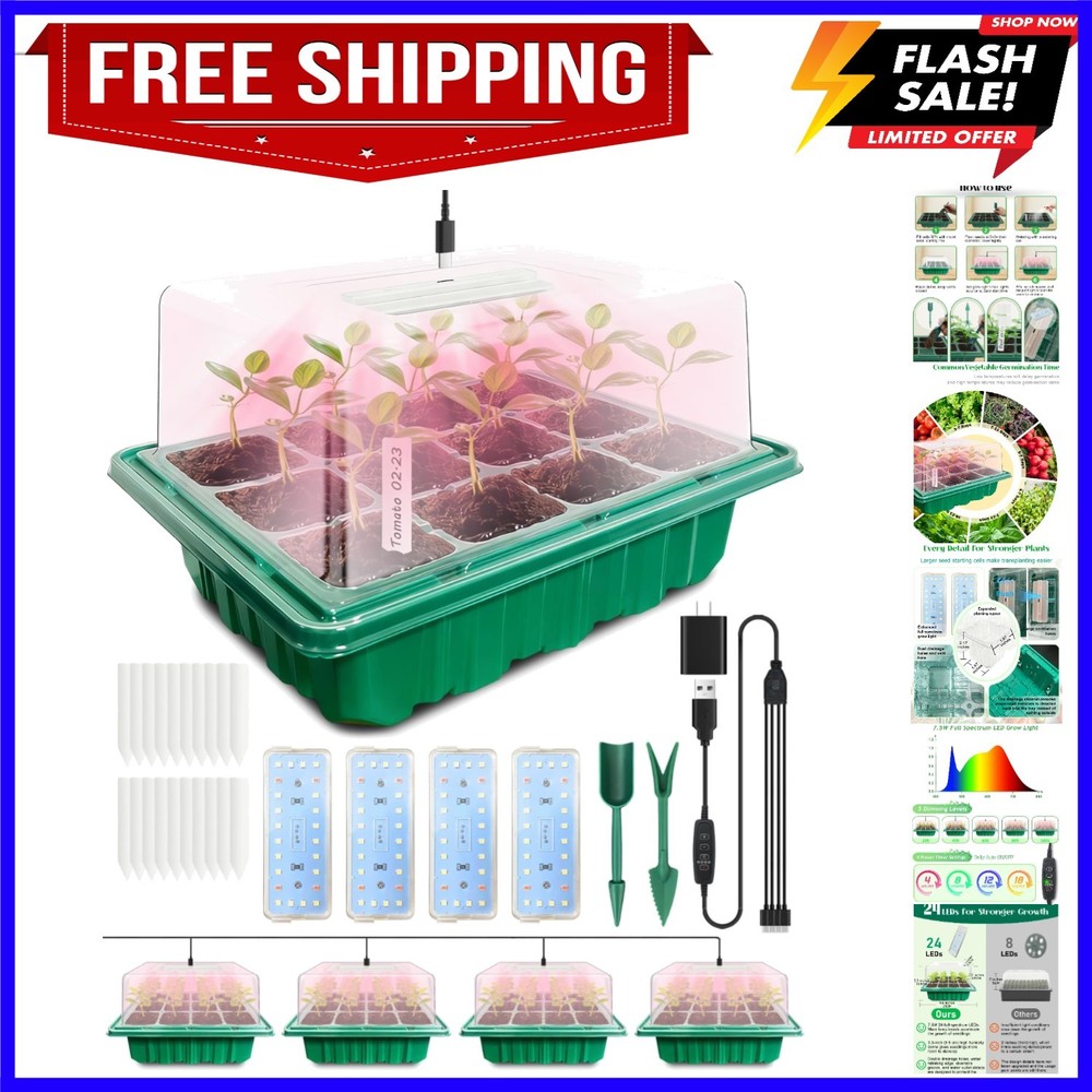 Seed Starter Tray with Grow Light 4x 24-LED, 4 Pack 48-Cell Seed Starter Kit ...