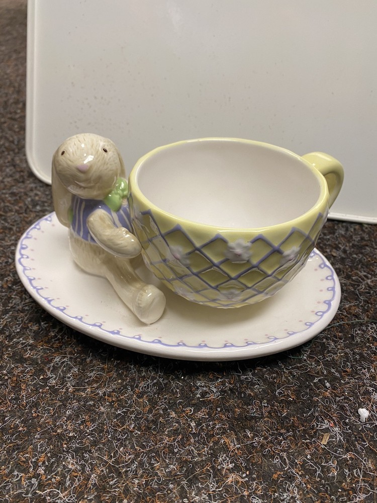 Hallmark Vintage Ceramic Easter-Spring Rabbit Bunny Holding a Cup & Saucer Set