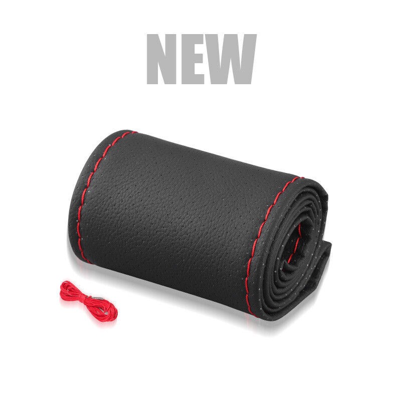 Car Steering Wheel Cover Needle Thread AntiSlip Leather Black Universal 38cm