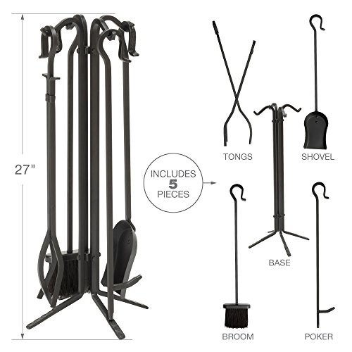 5-Piece Black Wrought Iron Fireplace Tool Set - Durable, Stylish & Functional