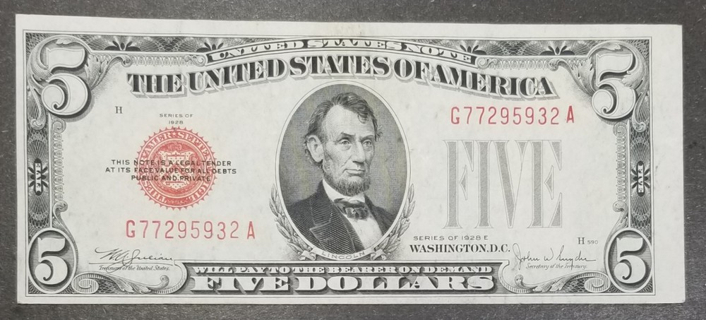 1928 F $5 US RED SEAL WITH FRONT AND BACK PRINT SHIFT ERROR LIGHTLY CIRCULATED
