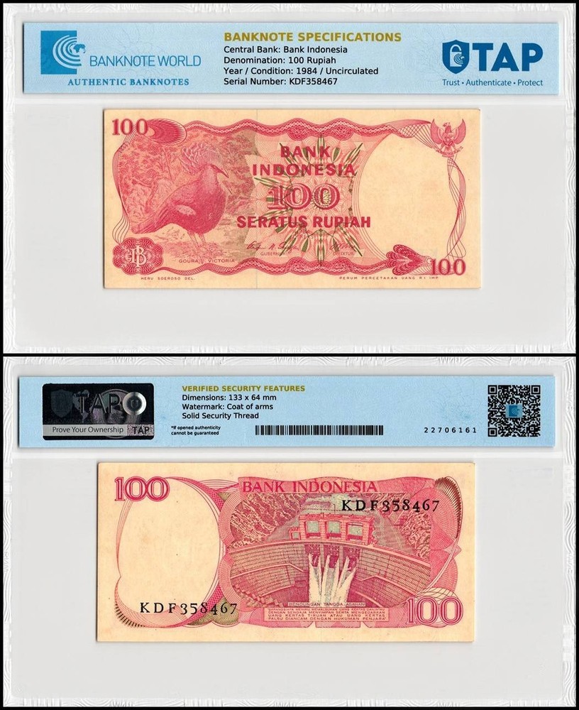 Indonesia 100 Rupiah, 1984, P-122a, UNC, TAP Authenticated