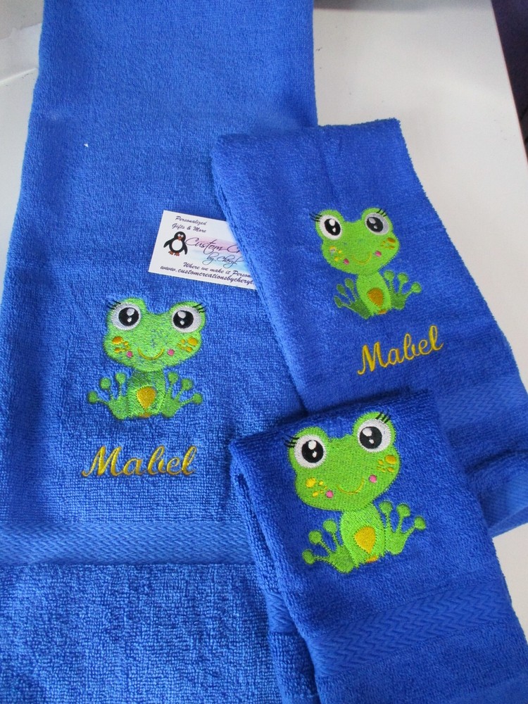 Cute Frog Personalized 3 Piece Bath Towel Set Your Color Choice