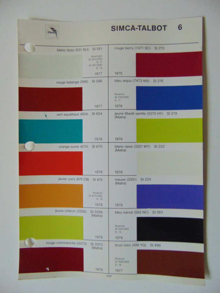 Original Glasurit Simca-Talbot Paint Chips Sheet - 1976-1978