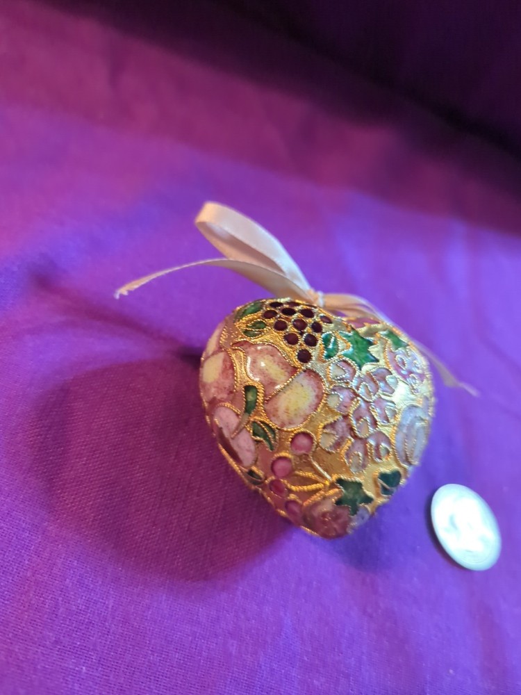 Cloisonne Enamil Heart Ornament, Fruit Pattern, With Pink Bow