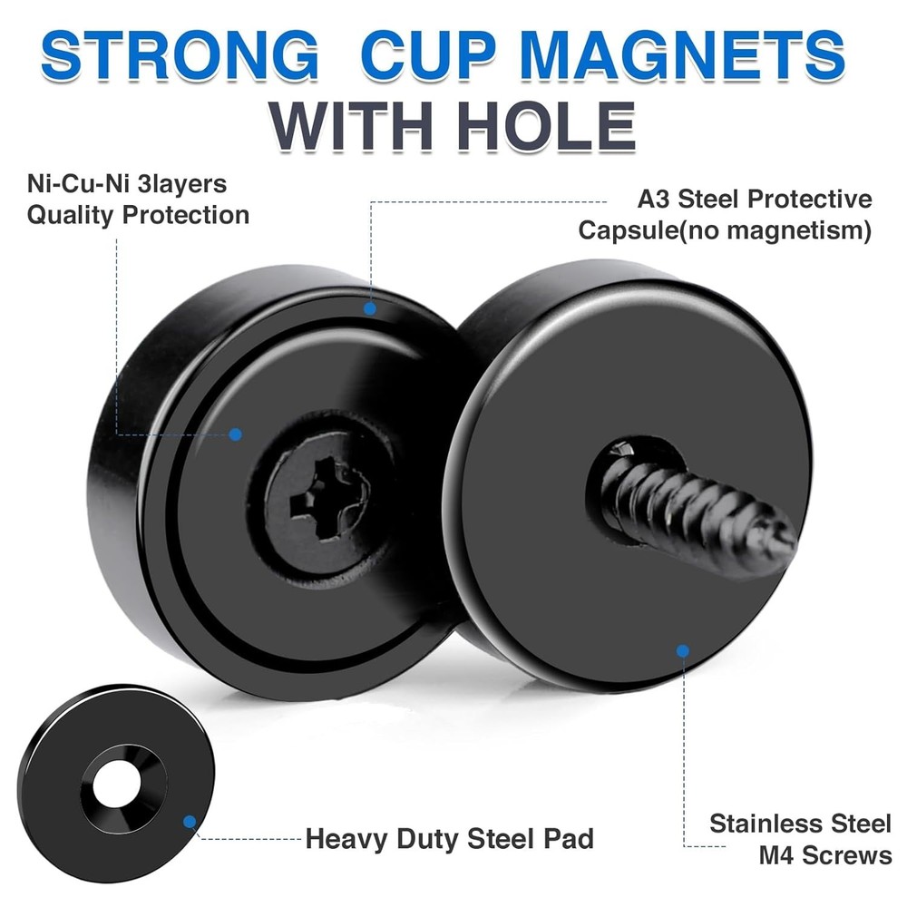 12-Pack Heavy-Duty Neodymium Cup Magnets - 70 lbs+ Pull Force, Easy Mounting