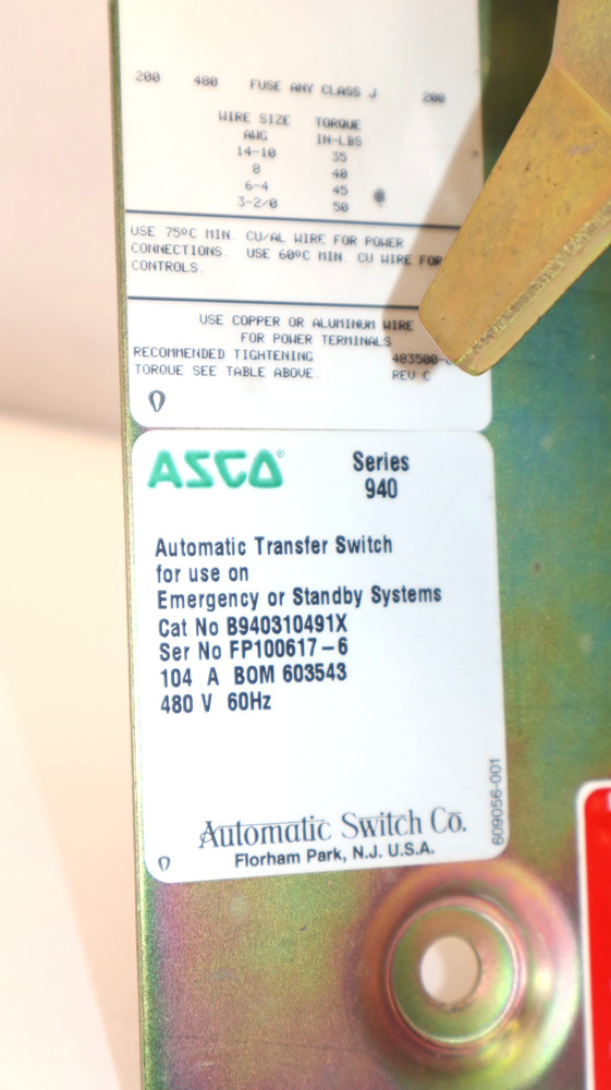 ASCO B940310491X 480V 60Hz Series 940 Automatic Transfer Switch