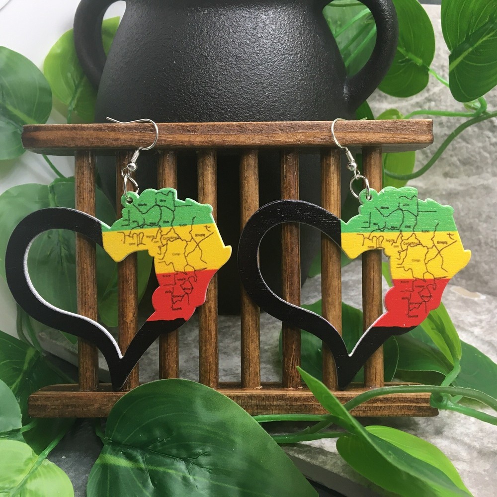 2” Silver-tone Earring Set Boho Retro Wood Dangle Juneteenth African New A685