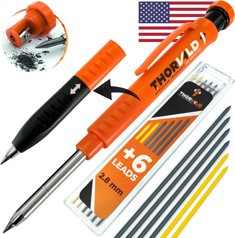 2n1 Carpenter Pencil w/ Finger Grip,7 Leads, Sharpener- Solid Mechanical Pencils