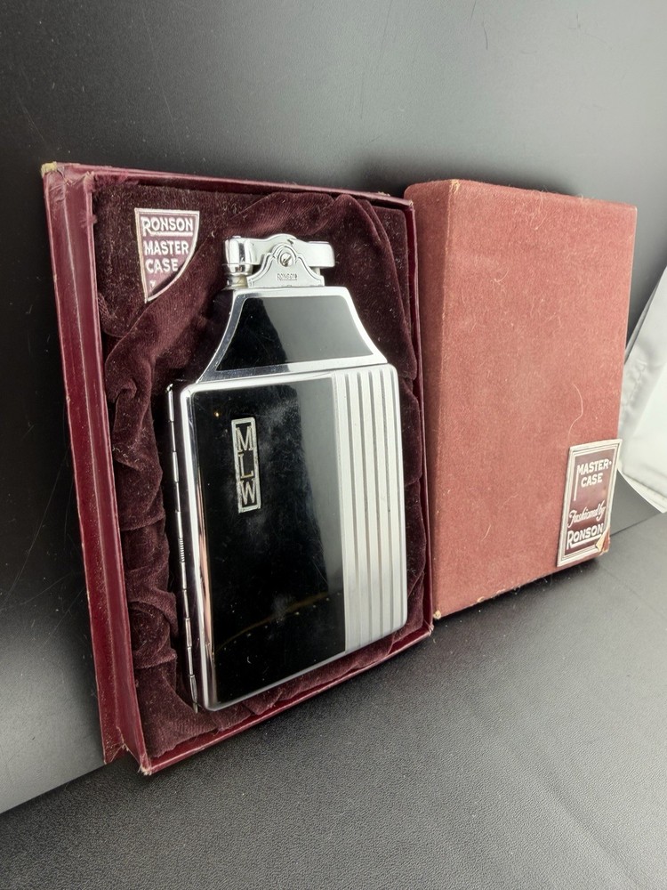 Ronson Mastercase Cigarette Case Lighter Combo Black Enamel Art Deco UNTESTED