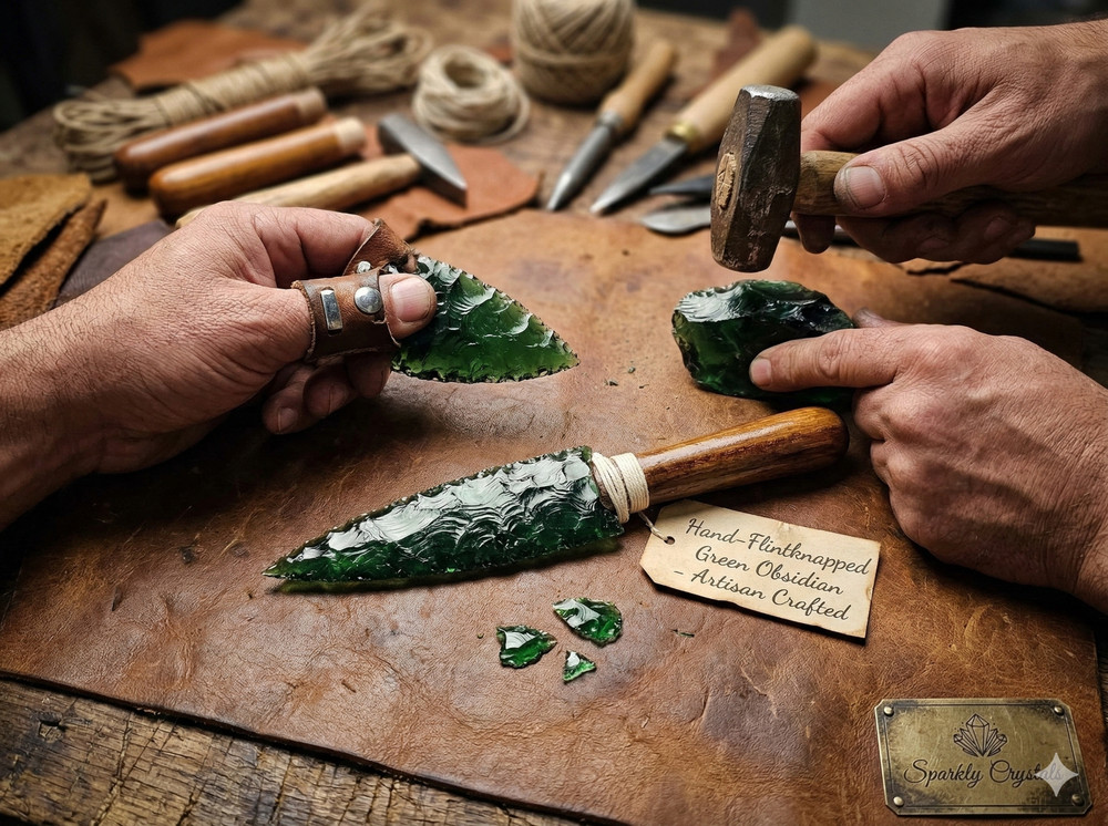 8" Green Obsidian Dagger, Hand-Knapped Crystal Arrowhead Knife ,