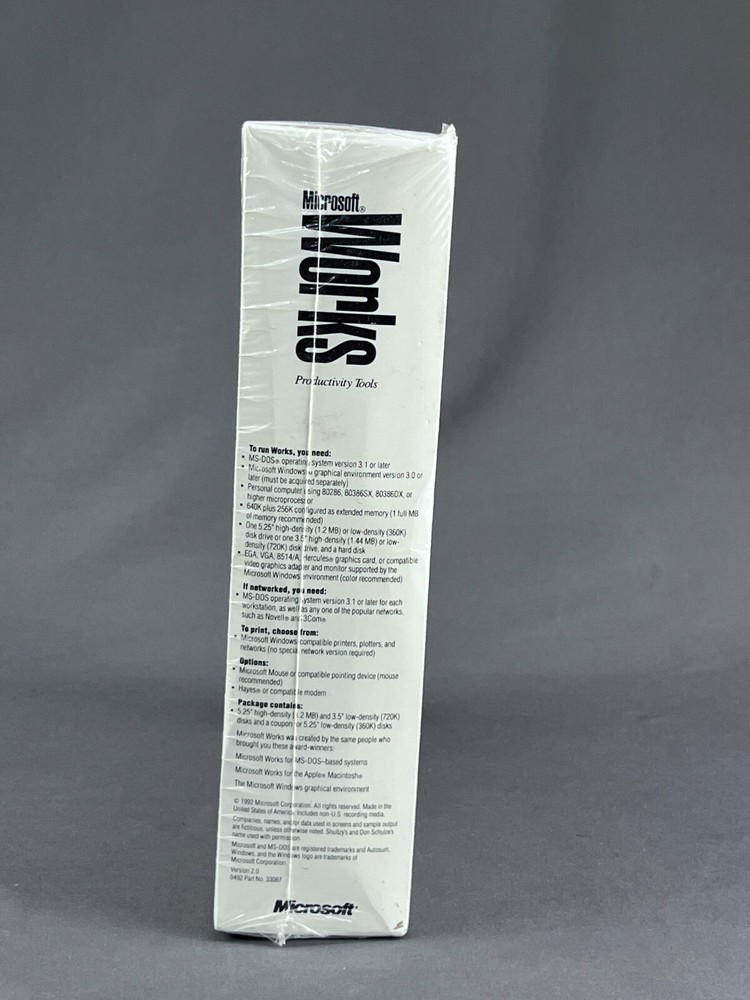 Genuine 1991 MICROSOFT WORKS Version 2.0 Complete Box Set Sealed + Discs (S6)