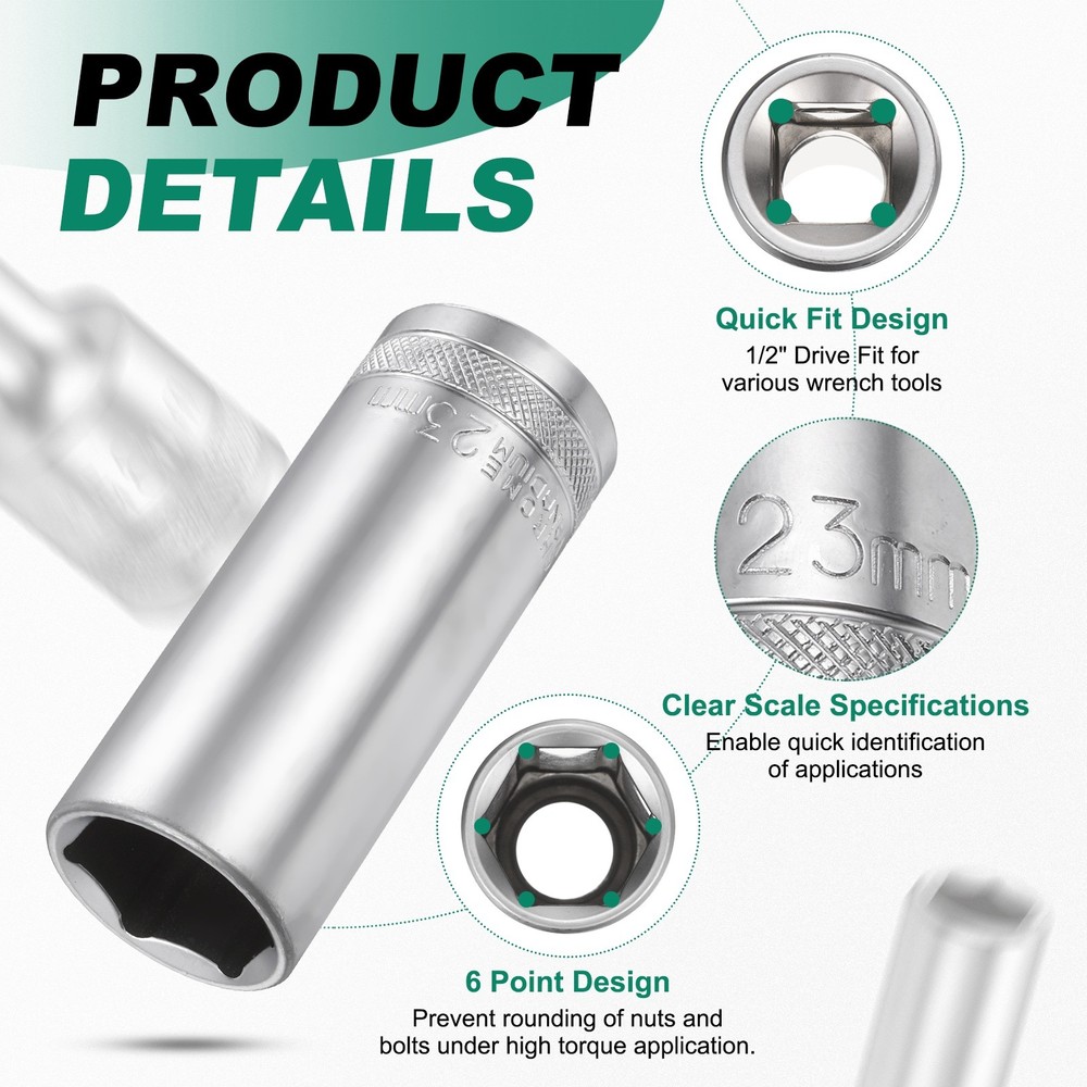 6 Points Deep Socket 1/2" Drive 23mm Nickel Plating Hex Socket 3.1" Long