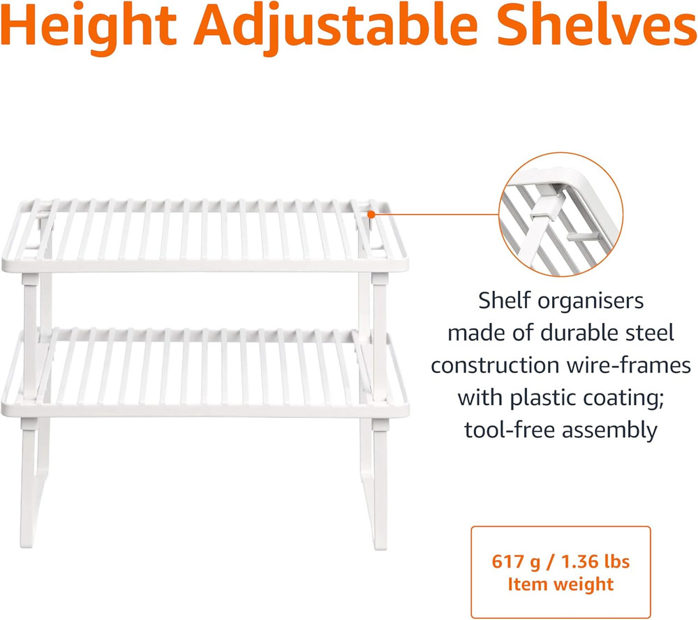 Space-Saving Stackable Metal Kitchen Cabinet Organizer Shelves for Dishes, Pantr