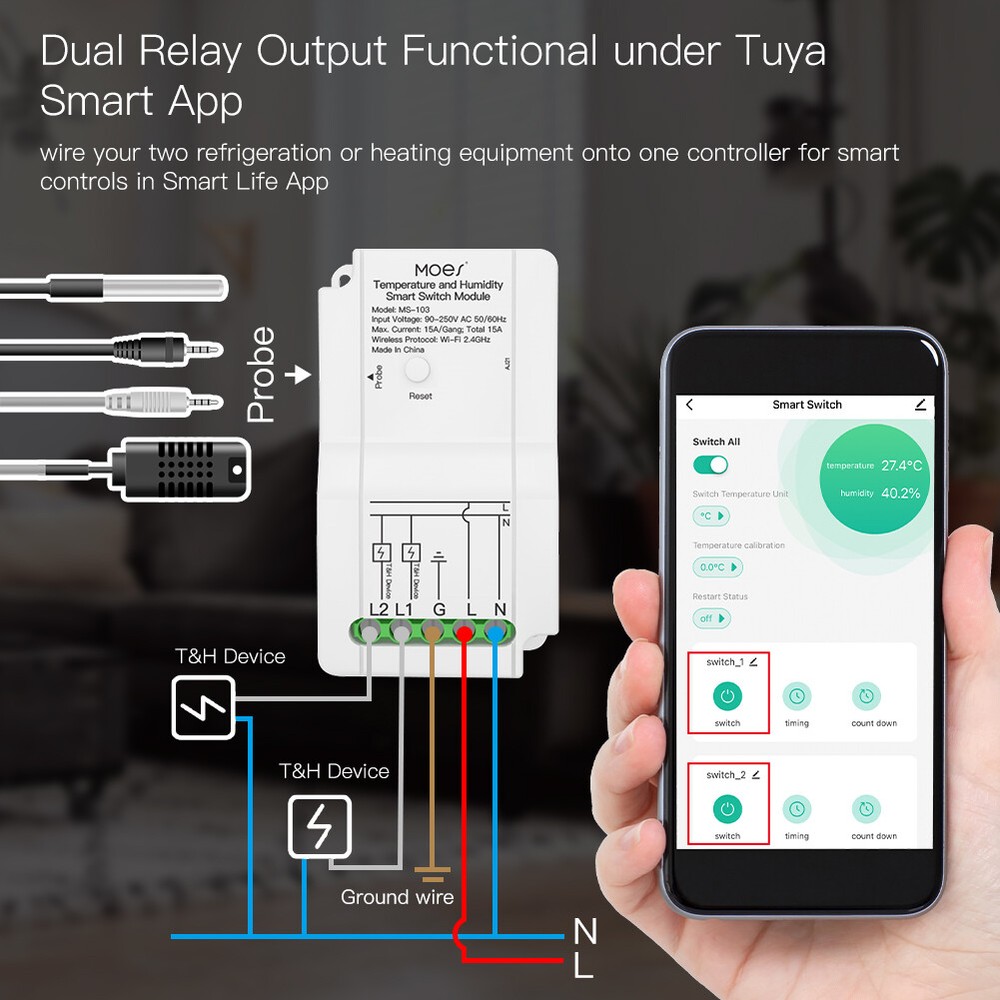 Tuya Smart Wireless WiFi Temperature & Humidity Switch Module Sensor with Probe