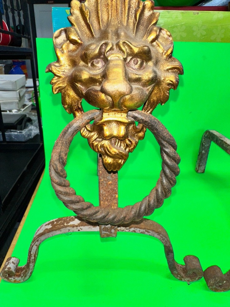 Very Nice Iron & Bronze Lion Andirons