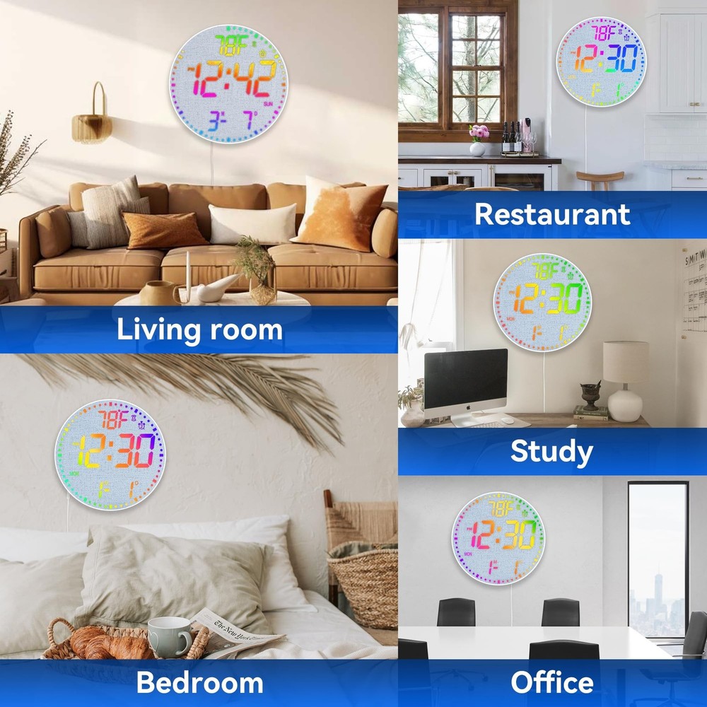 Kasbin 12 Inch Large Digital Wall Clock with Remote Control,RGB Color,Timer D...