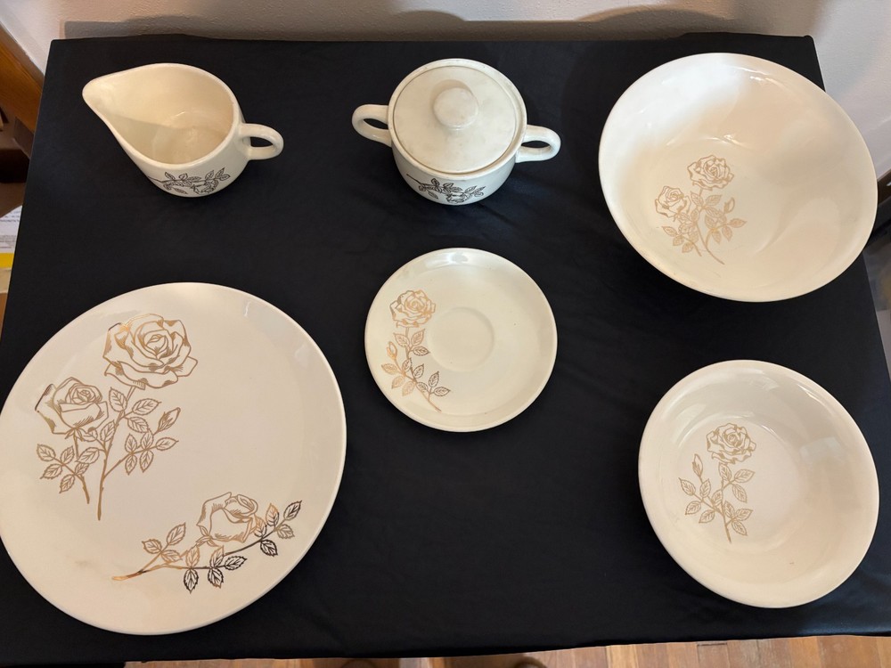 Vintage SCIO pottery dinnerware "Golden Rose" pattern, 39 piece set