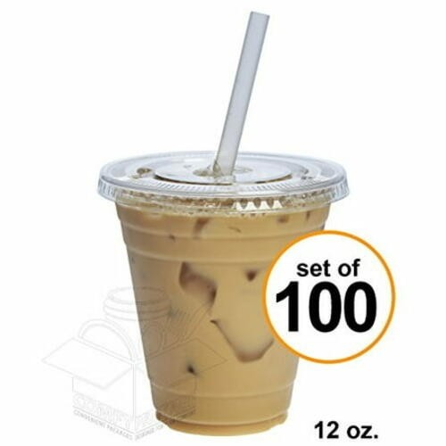 Comfy Package Clear Plastic Cups 12 Oz Disposable Coffee Cups with Lids 100-Pack