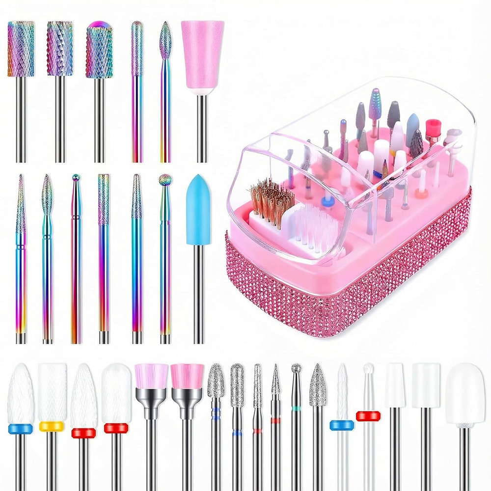 30PCS Nail Drill Bits Set with Holder Case, 3/32 Inch Tungsten Carbide Ceramic D