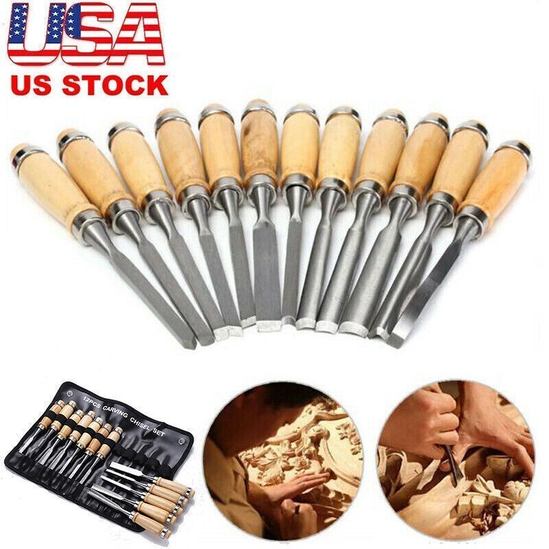 12 Piece Wood Carving Hand Chisel Tool Set Professional Woodworking Gouges Steel