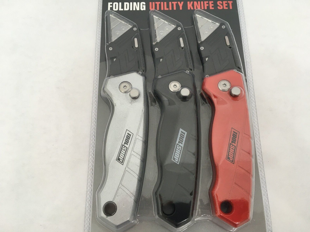 NEW Tool Shop 3-pc Folding Locking Utility Knife - Push Button Quick Release