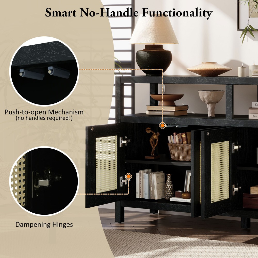 TREXM Bohemian Style Rattan Buffet Storage Cabinet with Solid Wood Frame, Side
