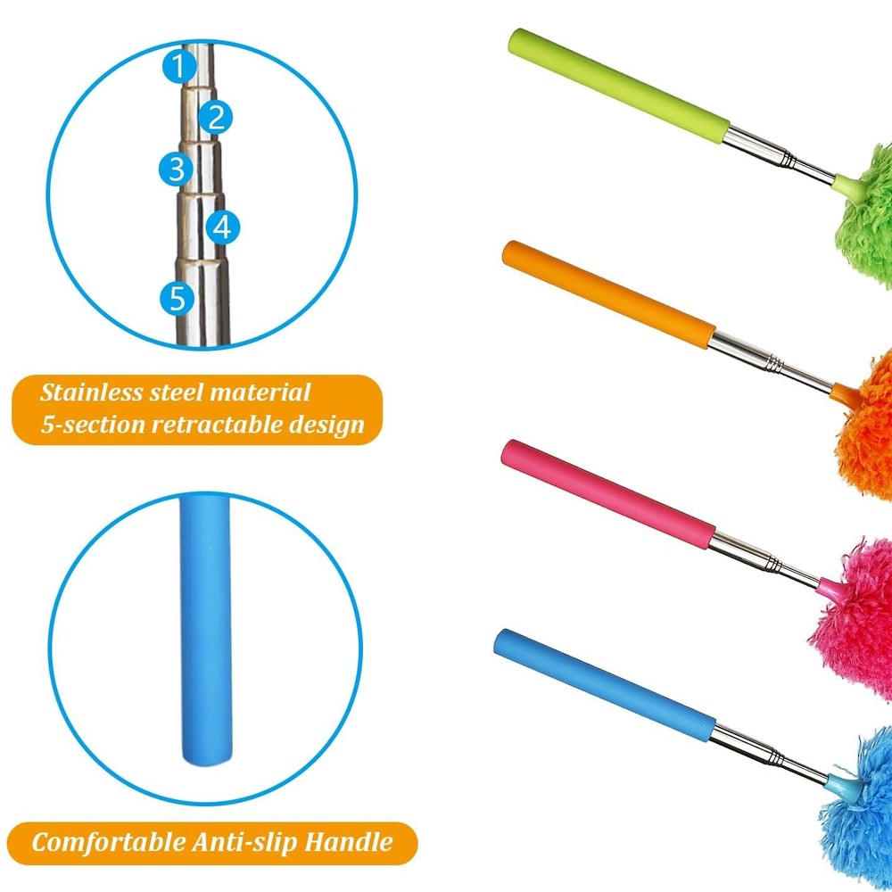 4 Pcs Washable Microfiber Feather Duster Extendable Pole Bendable Head Cleaning