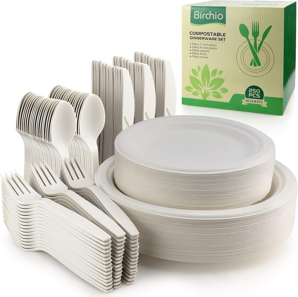 250 Piece Biodegradable Paper Plates Set, Disposable Dinnerware Set, Eco