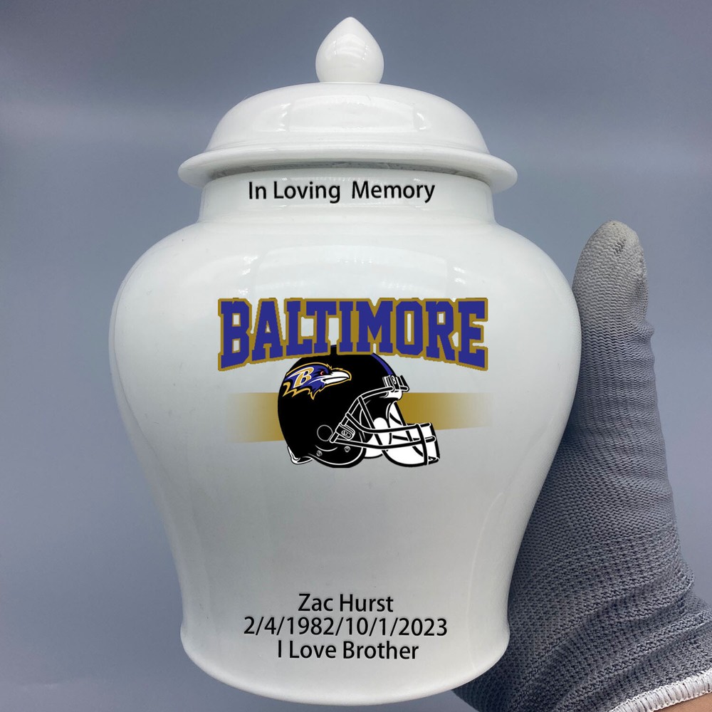 Ceramic Medium Urn for Baltimore Ravens Football Theme, Custom Text & Number
