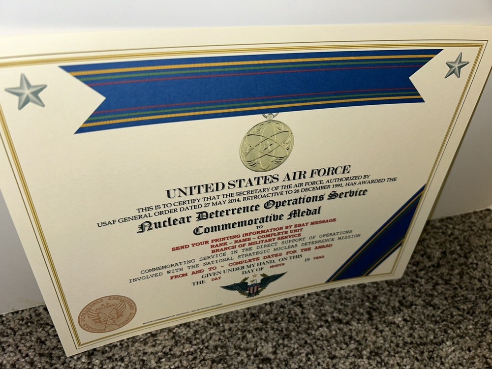 NUCLEAR DETERRENCE OPERATIONS MEDAL COMMEMORATIVE CERTIFICATE ~ W/PRINTING T-1