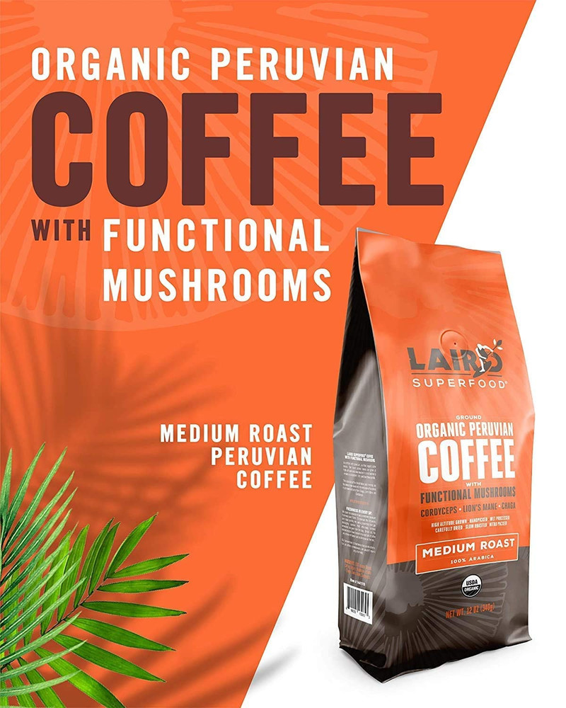 Certified Organic Peruvian Medium Roast Ground Coffee with Functional Mushrooms