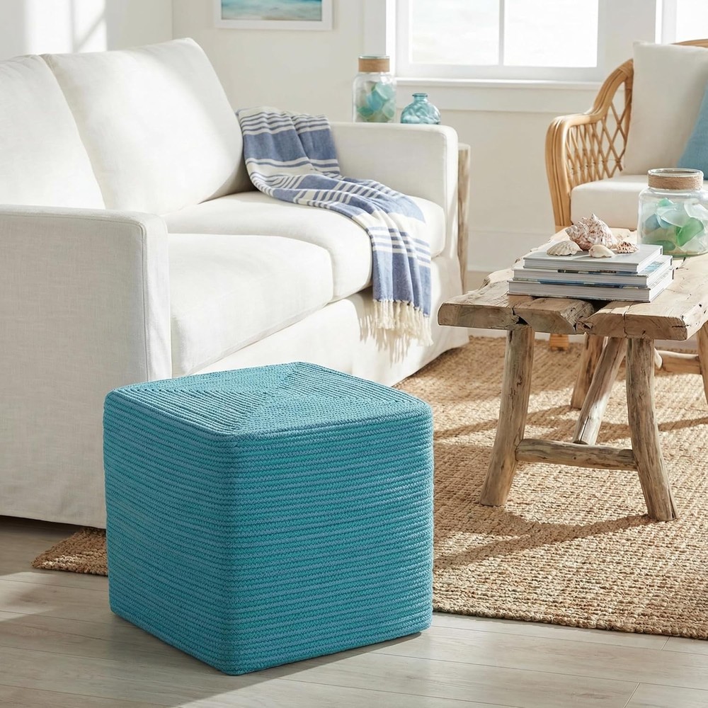 Macon Square Rope Pouf Ottoman Aqua