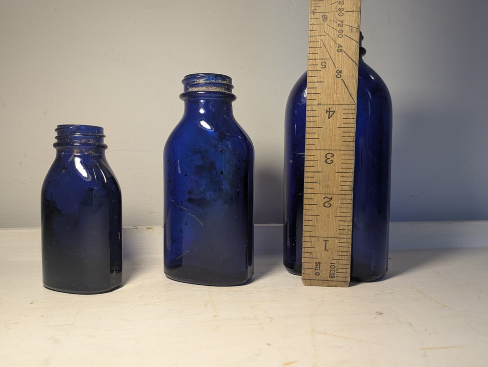 Three Vintage Blue Glass Bottle Small