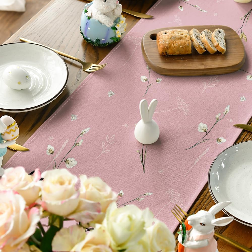 Pink Bunny Rabbit Hydrangea Happy Easter Table Runner, Seasonal Spring Kitchen D