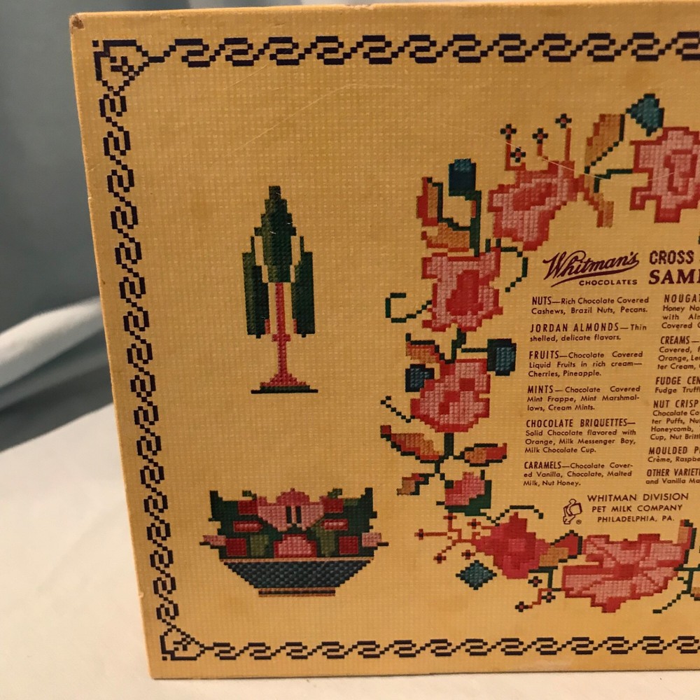 Whitman's Chocolates & Confections Cross Stitch Sampler Empty Hinged Box $11.99