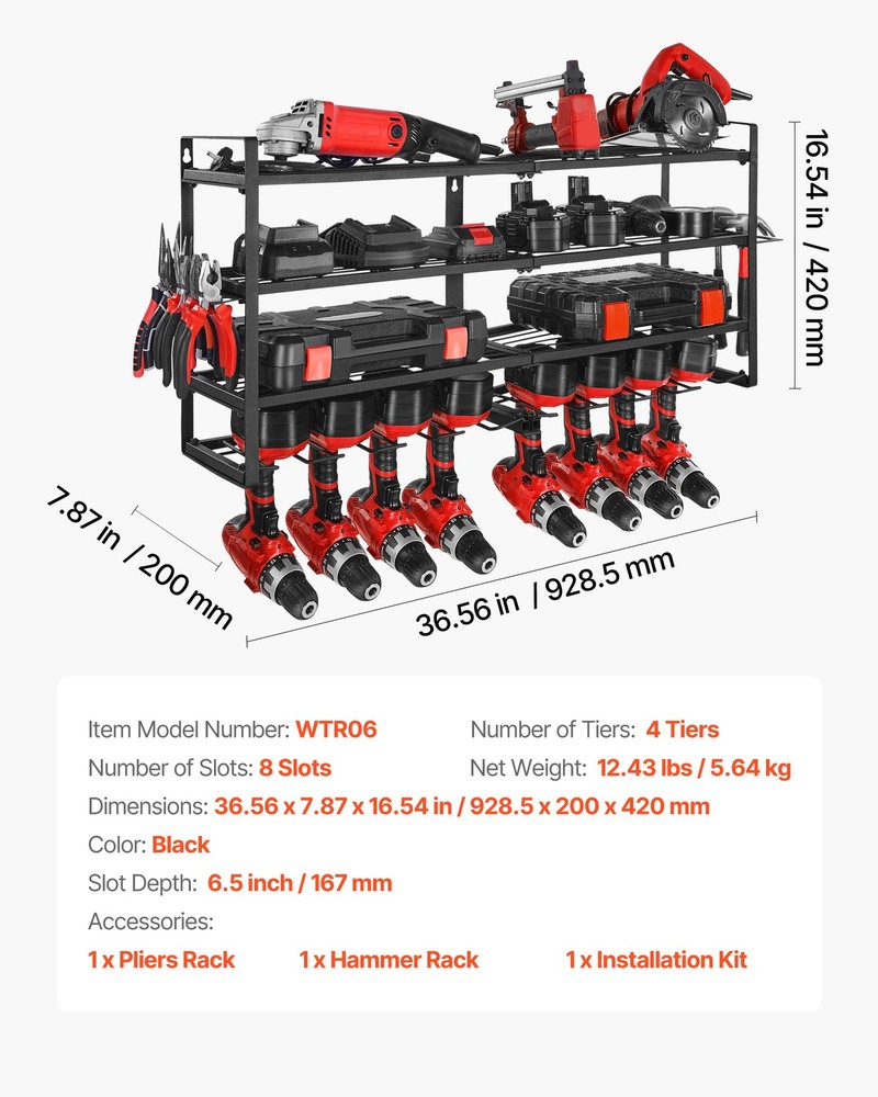 VEVOR Power Tool Organizer Wall Mount 4-Layer Tool Storage Rack 8 Drill Holders
