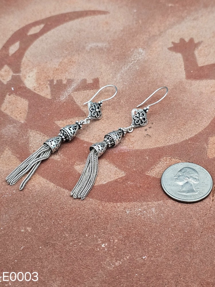 Earrings Sterling Silver with 2 Cones and Dangling Chains