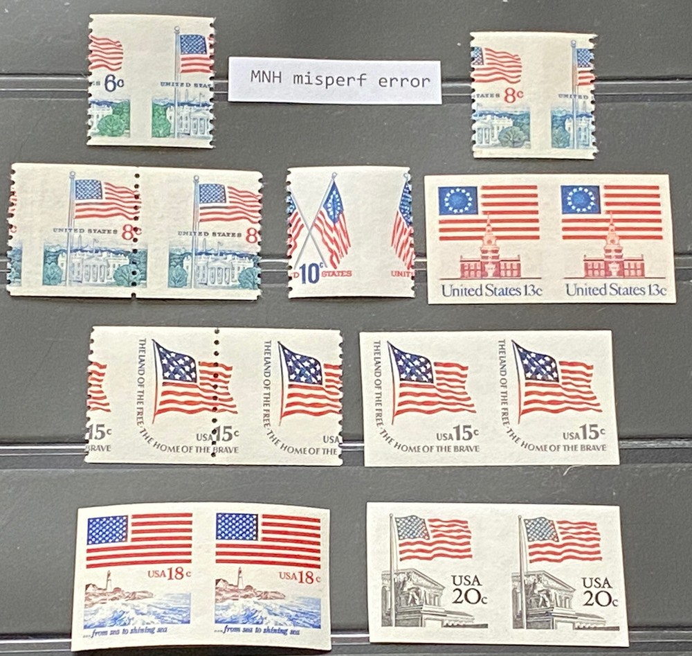 US POSTAGE MINT ERROR STAMPS-PATRIOTIC FLAGS-MISPERFS & MISSING PERF PAIRS-MNH