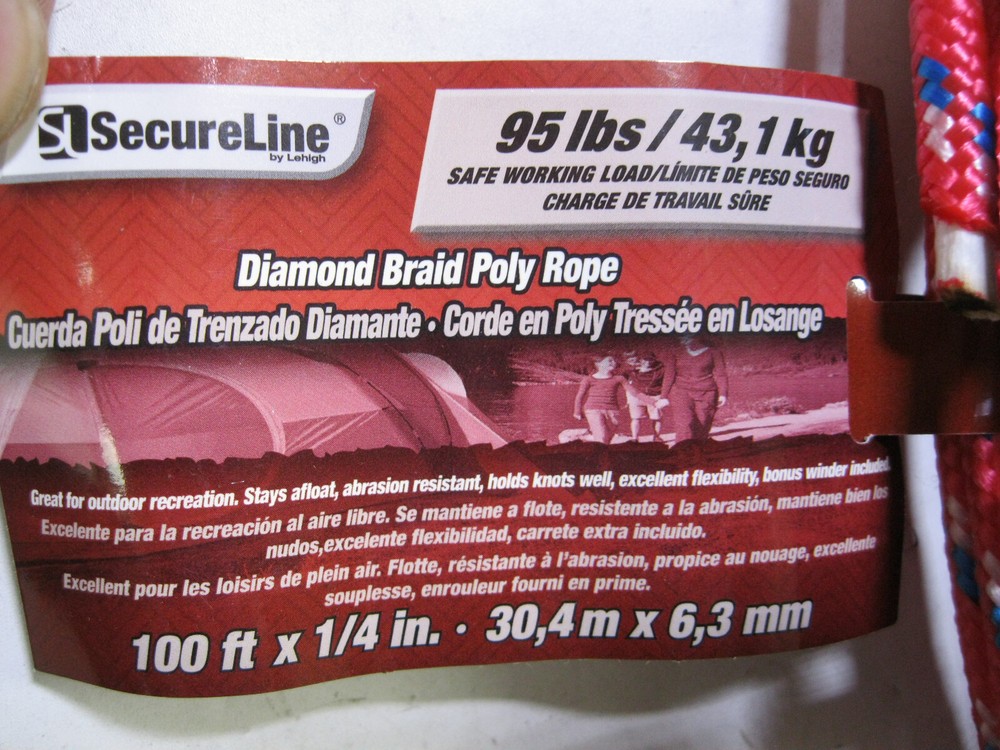 SECURELINE 100' x 1/4" DIAMOND BRAID POLY ROPE RED LOAD 95LBS