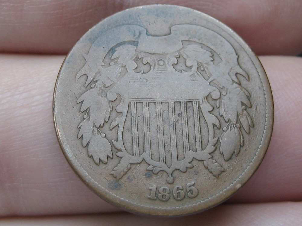 1865 Two 2 Cent Piece- Plain 5, Chocolate Brown, Good Details