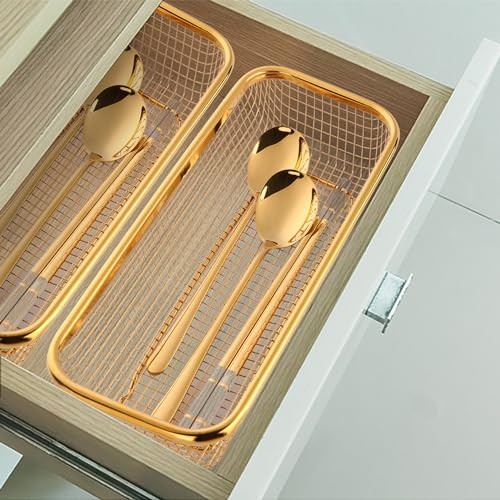 Gold Kitchen Drawer Organizer, Stackable Mesh Storage Baskets, Stainless Steel