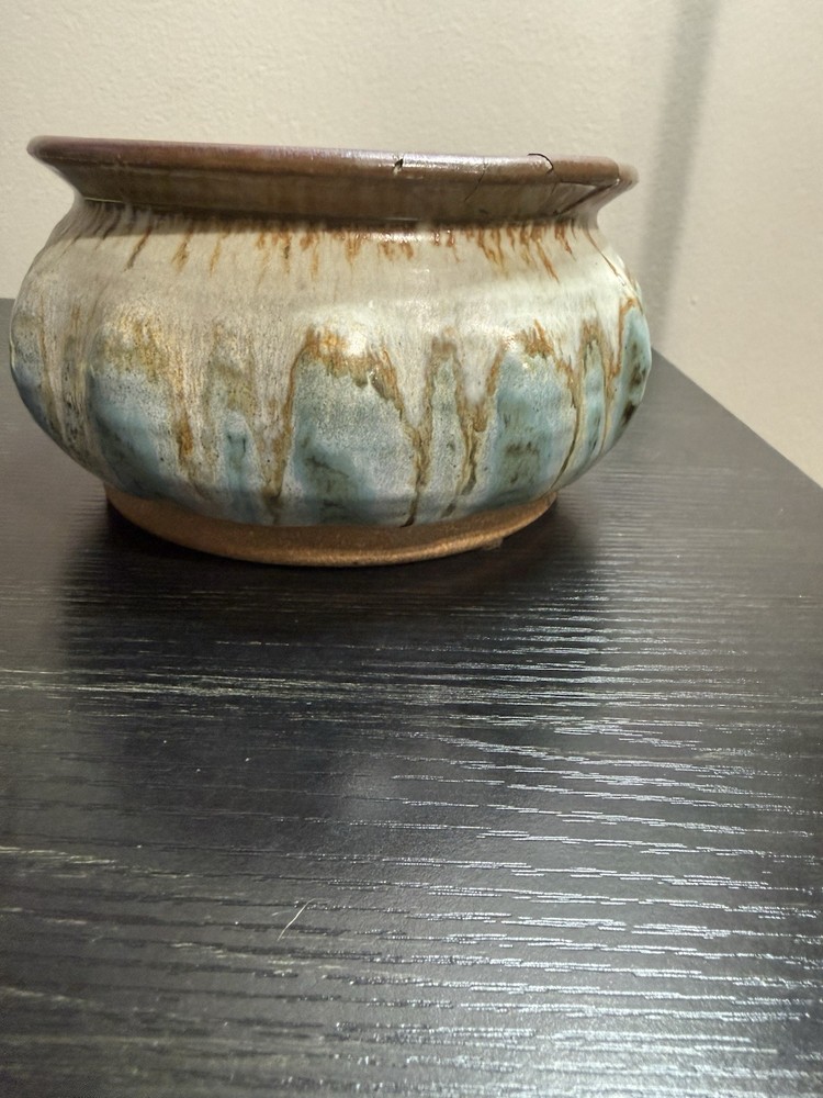 Bob Blanchard Signed Studio Pottery Planter Bowl Blue Drip Glaze