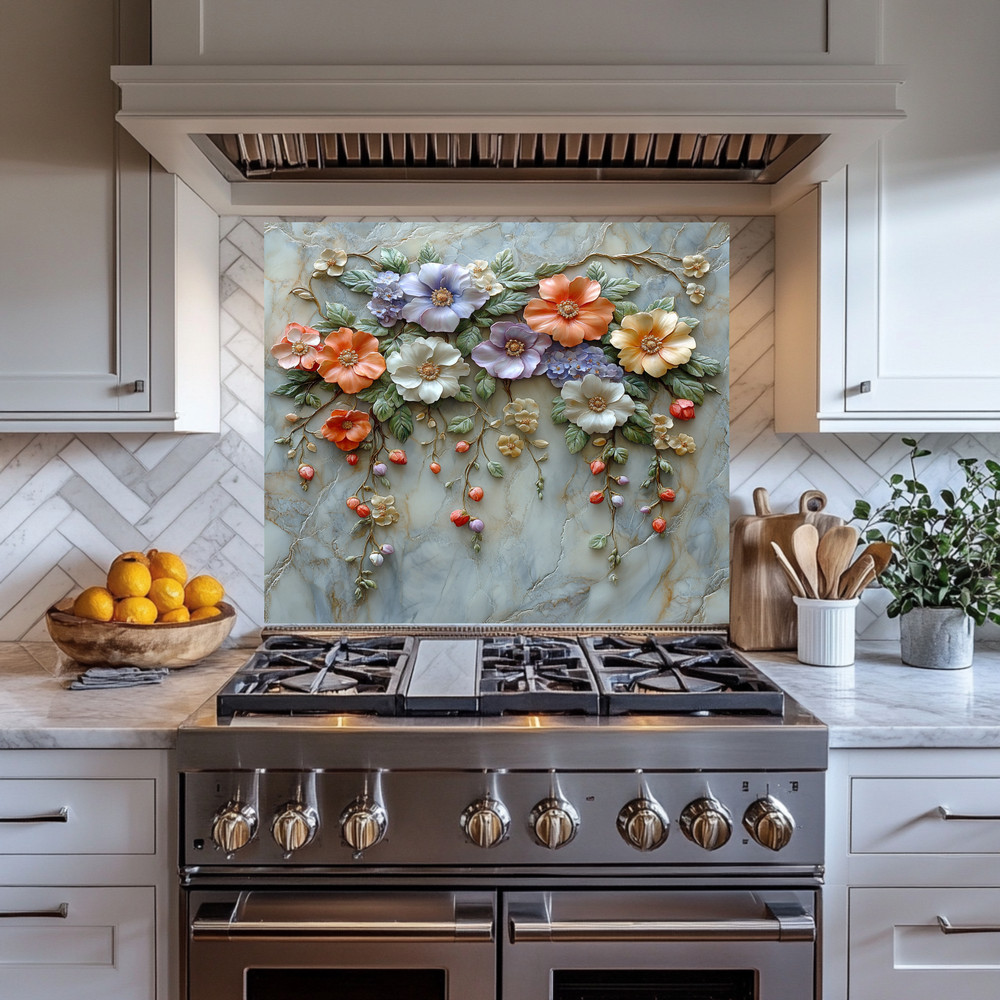 Floral Wall Print Backsplash, Tempered Glass Kitchen Backsplash