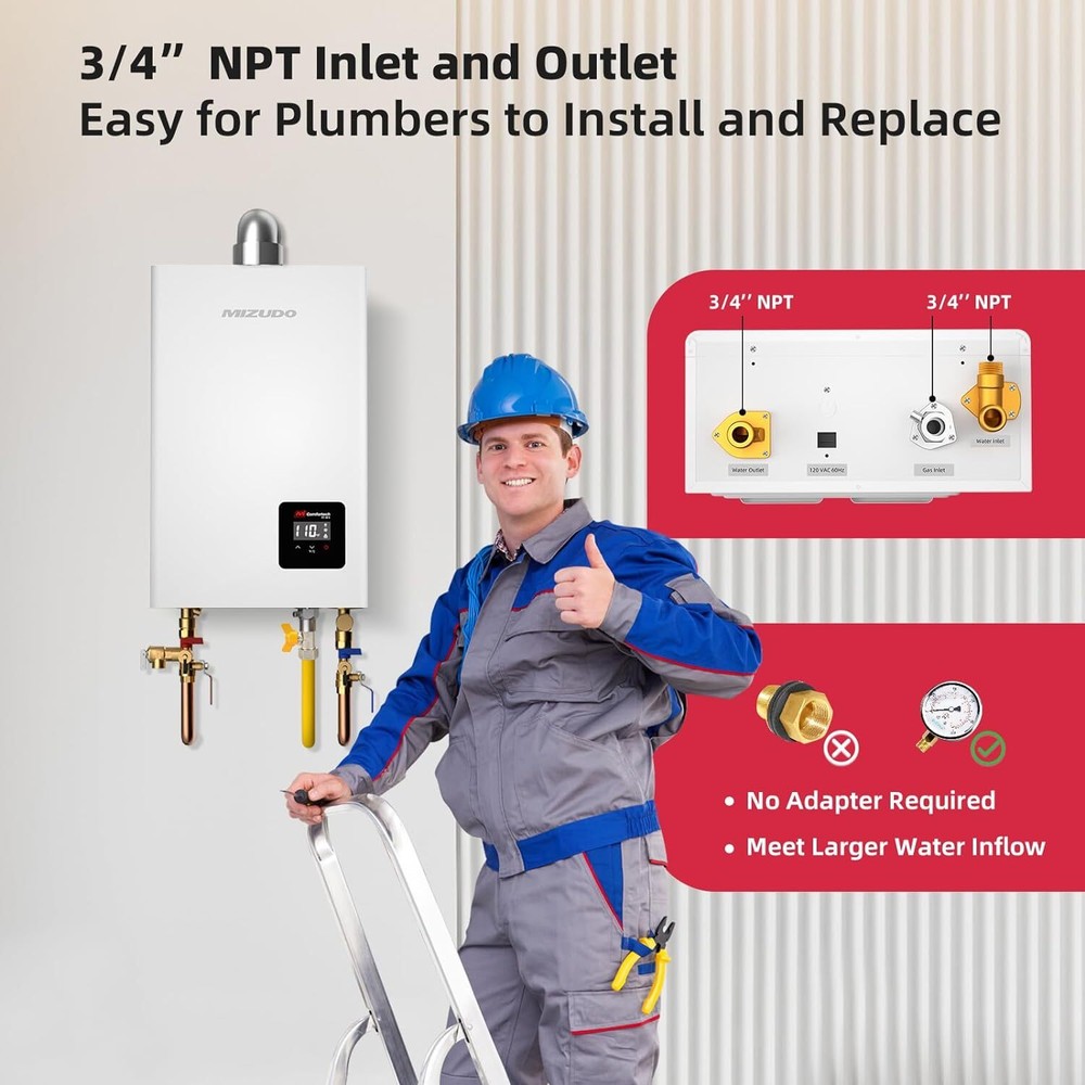 MIZUDO Tankless Natural/Propane Gas Water Heater LED Hot On Demand Water Boiler