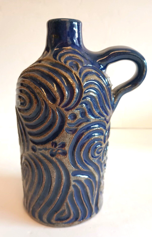 Studio Art Pottery Jug Raised Relief Blue Glazed Handle Signed